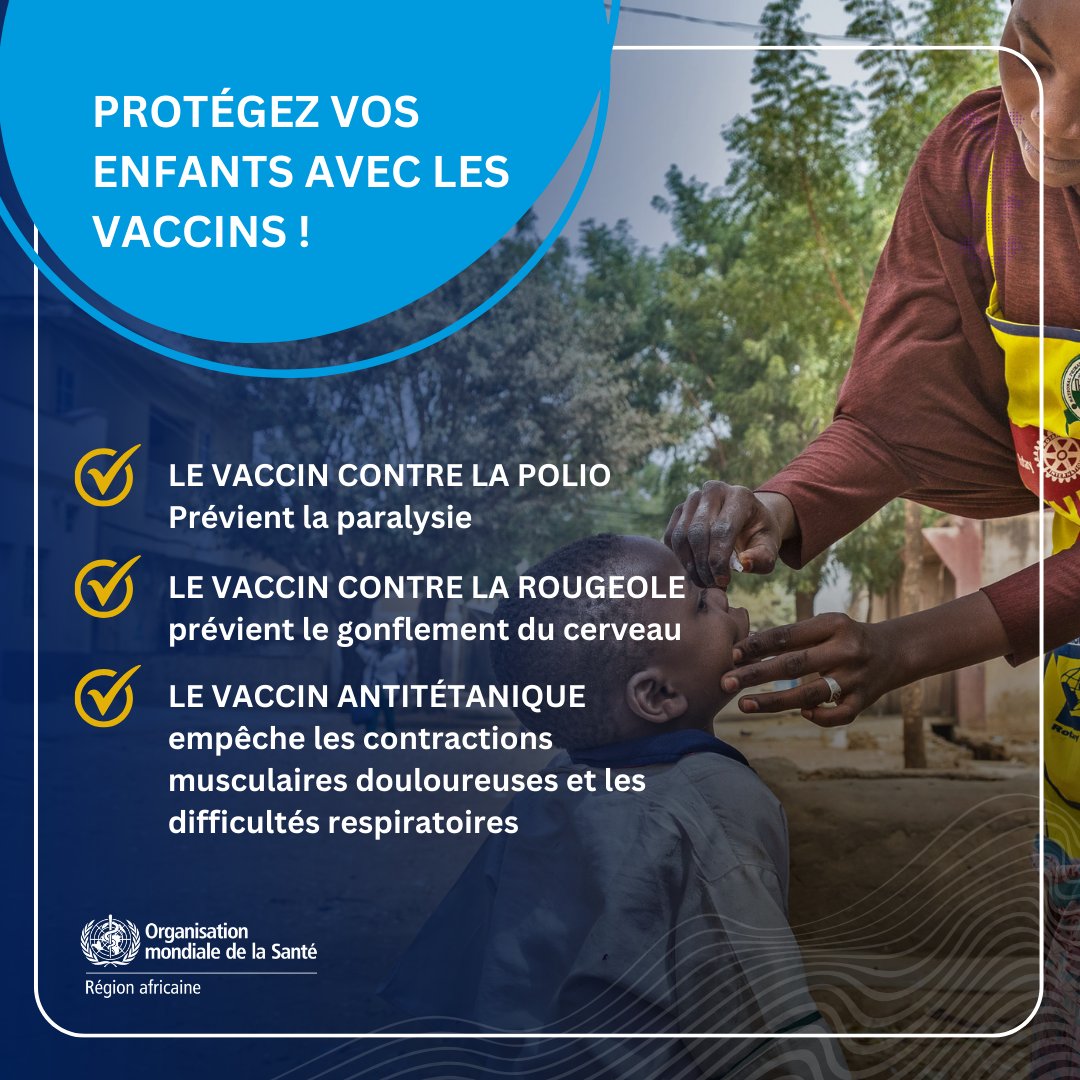 Protégez vos enfants avec les vaccins ! 🦠Le vaccin contre la polio prévient la paralysie. 🦠Le vaccin contre la rougeole prévient le gonflement du cerveau. 🦠Le vaccin antitétanique empêche les contractions musculaires douloureuses et les difficultés respiratoires. #SAV2024