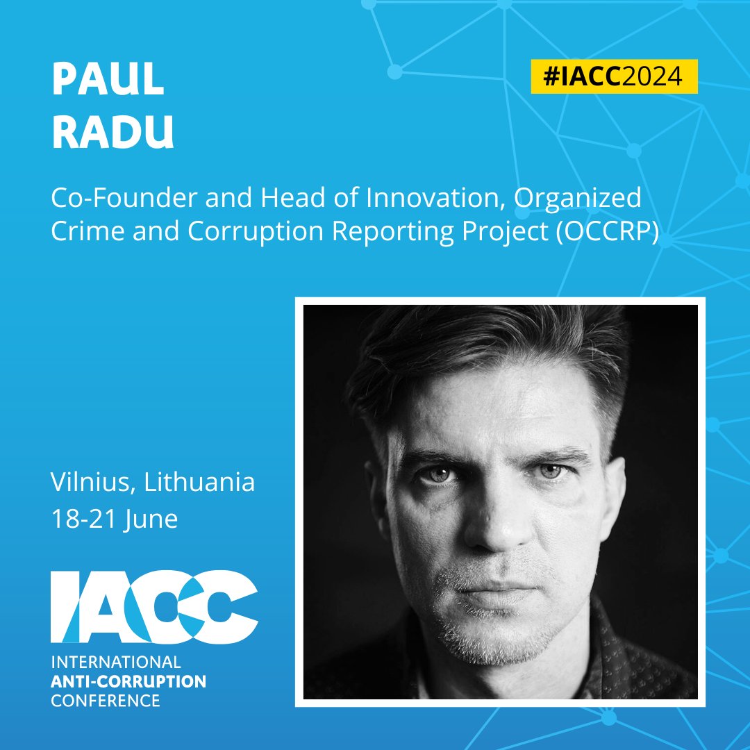 ⚡️ Speaker alert! ⚡️  Investigative journalist and co-founder of @OCCRP , Paul Radu (@IDashboard), will join the #IACC2024 in Vilnius, Lithuania.

Check the rest of the confirmed speakers ➡️ anticorru.pt/2YS