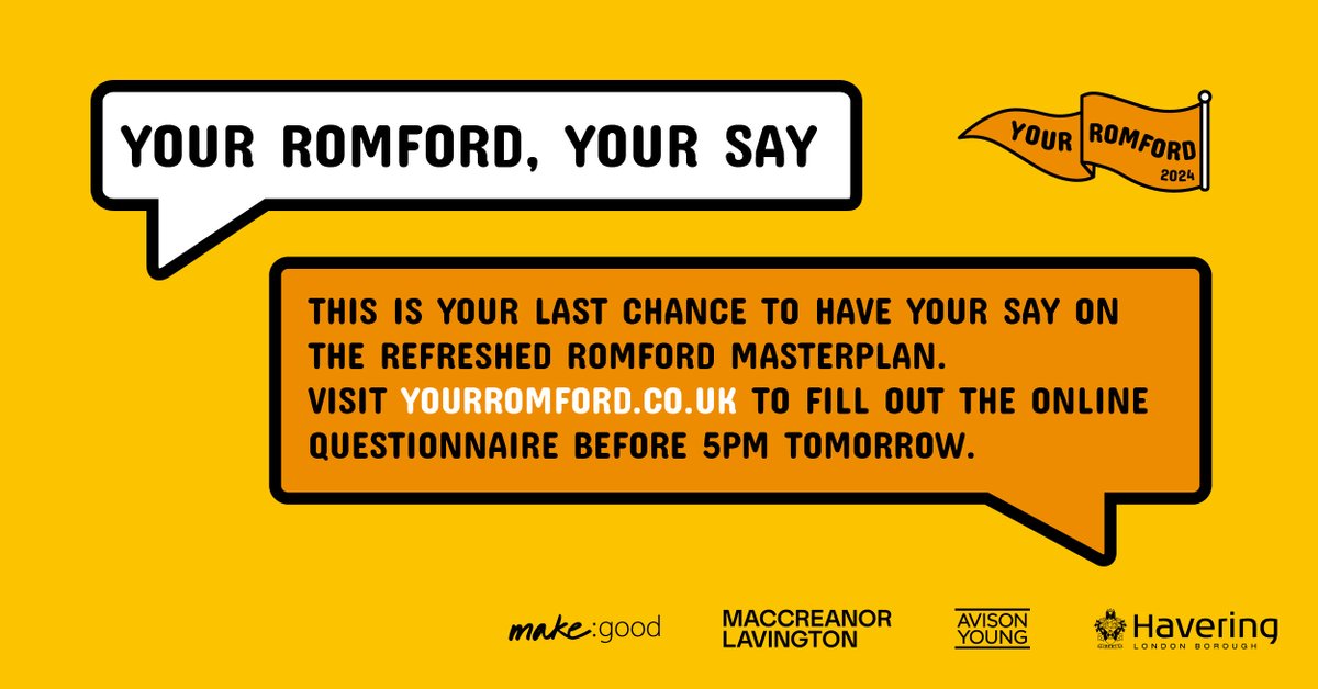 Have you contributed to the Romford Masterplan refresh yet? The consultation closes tomorrow so be sure to #Haveyoursay at orlo.uk/TJbpQ to fill out the online questionnaire before 5pm tomorrow (3 May) 2024 #YourRomford
