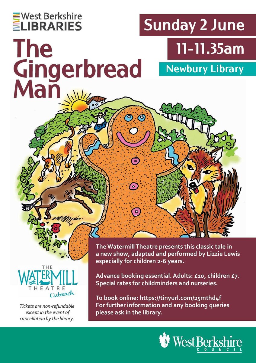 Book now for 'The Gingerbread Man', presented in libraries by @WatermillTh: - Newbury: Sun 2 June, 11-11.35am: buff.ly/3xWAEwN - Newbury (Relaxed Performance): Sun 2 June from 2pm: buff.ly/3xUxutv - Hungerford: Thurs 30 May, 11-11.35am: buff.ly/3JEGJ3A