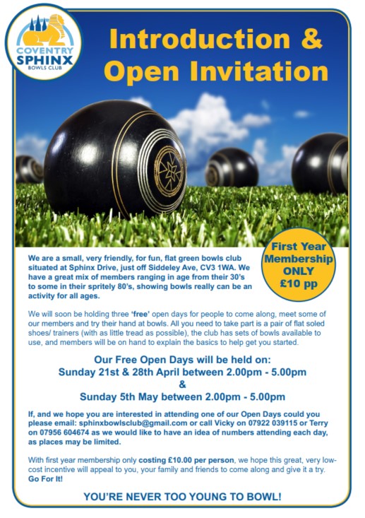 📢 Have you ever tried bowling? Here's a great new sport for the summer 😎 Coventry Sphinx Bowls Club, CV3 1WA have some FREE trial sessions coming up. Sunday 28th April and Sunday 5th May between 2.00pm - 5.00pm Interested? Please email: sphinxbowlsclub@gmail.com