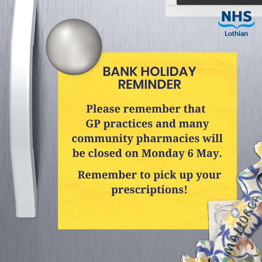 BANK HOLIDAY REMINDER GP practices and many community pharmacies won't be available on Monday 6th May 📅 If you need a prescription, please arrange to collect before then💊 If you need urgent medical care over the weekend, contact NHS 24 on 111 or visit ow.ly/Zscz50R1k8K