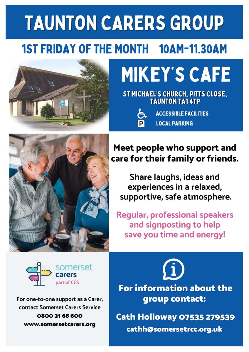 Our last Carers Group this week takes place at Mikey's Cafe.

We'll be visited by the The Filo Project, Clive Rymer from Medequip and Carers Support Development Worker, Cath will also be there to answer any questions.

#SomersetCarers #carersupport #Galmington #Taunton