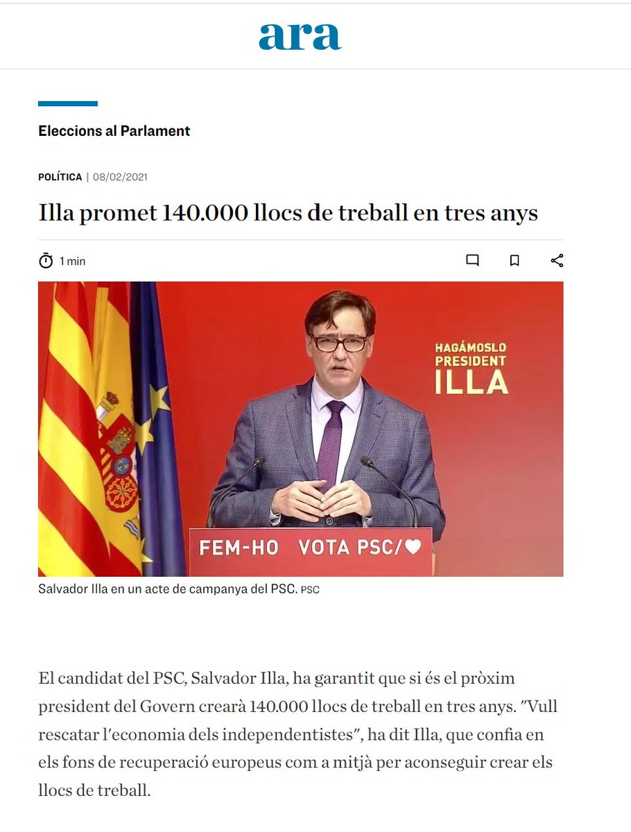 Durant la campanya electoral del 2021 Salvador Illa prometia 'rescatar l'economia catalana dels independentistes' i crear 𝟏𝟒𝟎.𝟎𝟎𝟎 llocs de treball aquesta legislatura. Sort que no va ser president, perquè se n'han creat 𝟯𝟳𝟬.𝟬𝟬𝟬! No el voteu.