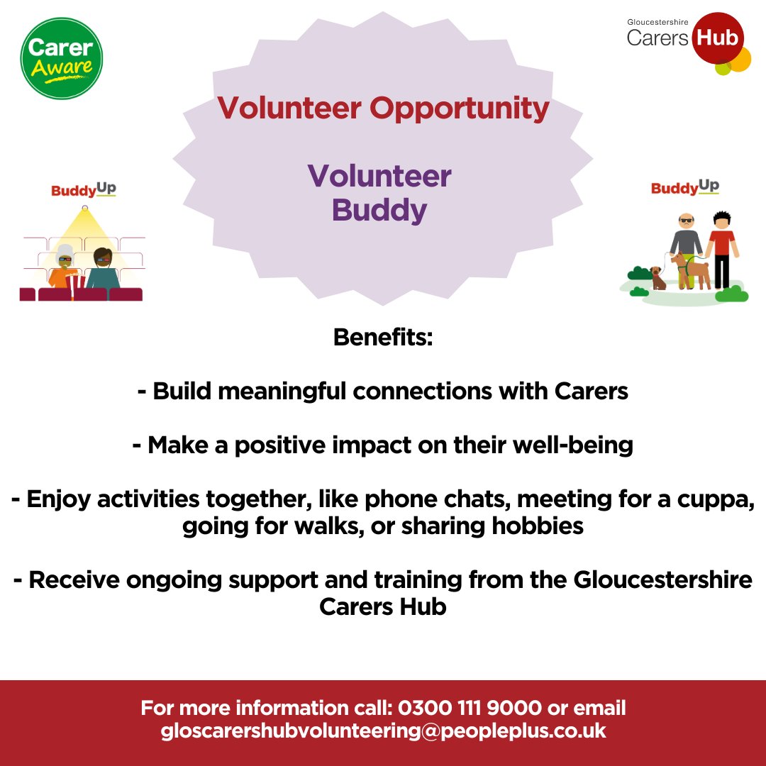 Volunteer for us, if you would like to volunteer to support our Carers email: gloscarershubvolunteering@peopleplus.co.uk 

#volunteer #carerawareglos