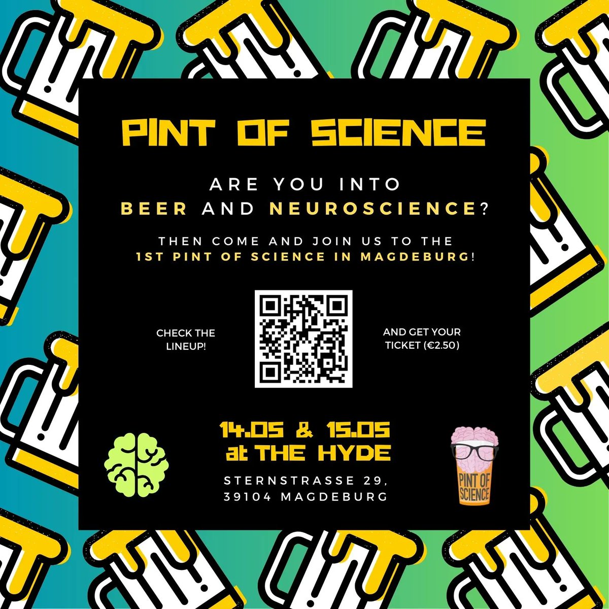 Exciting news for science lovers in Magdeburg!
The very first 🍺Pint of Science🧠event will take place on May 14th & 15th.  

📍 The Hyde
🎟️ Lineup and tickets: t.ly/1YPc-

#pint24 @pintofscienceDE