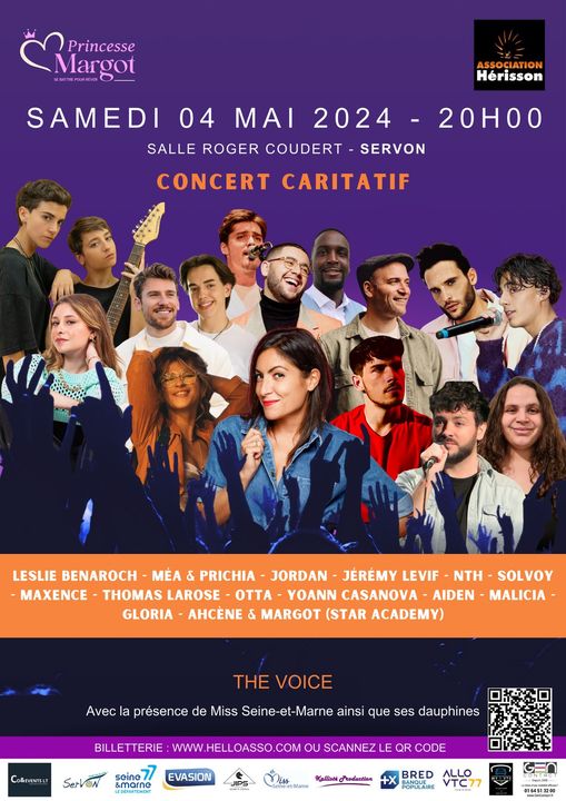 Les associations Princesse MARGOT et LE HERISSON, en partenariat avec le @Departement77, organisent un concert caritatif au profit des personnes en situation de handicap ainsi que les enfants atteints du cancer.

Samedi 4 Mai à 20h à SERVON.
Billetterie tinyurl.com/3pps7xez