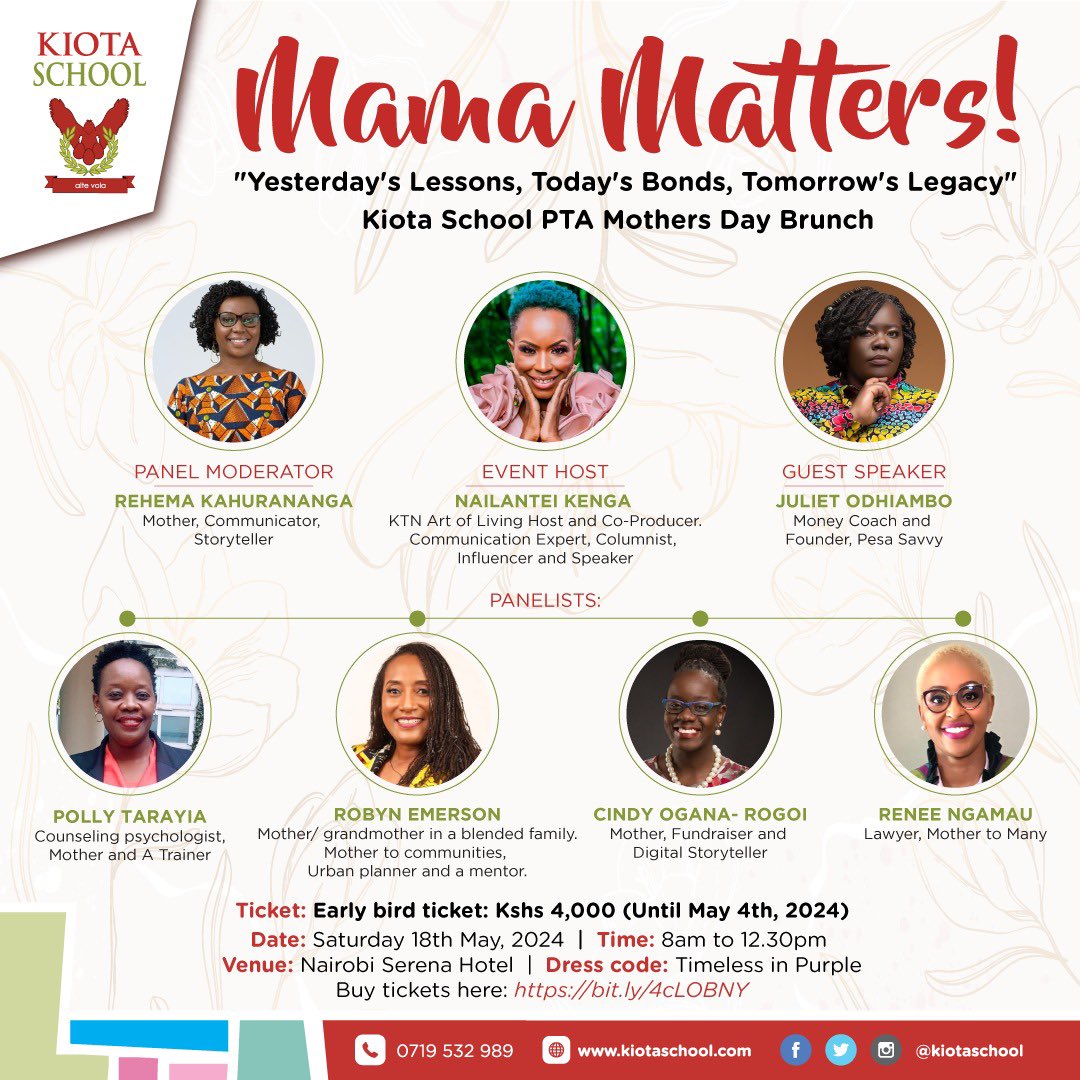 Kiota School invites you for a Mother’s Day brunch running an integral conversation for all moms “Yesterday’s learnings, today’s bonds, tomorrow’s legacy.” 📆: 18th May, 2024 📍: Nairobi Serena Hotel Tickets are available on kenyabuzz.com