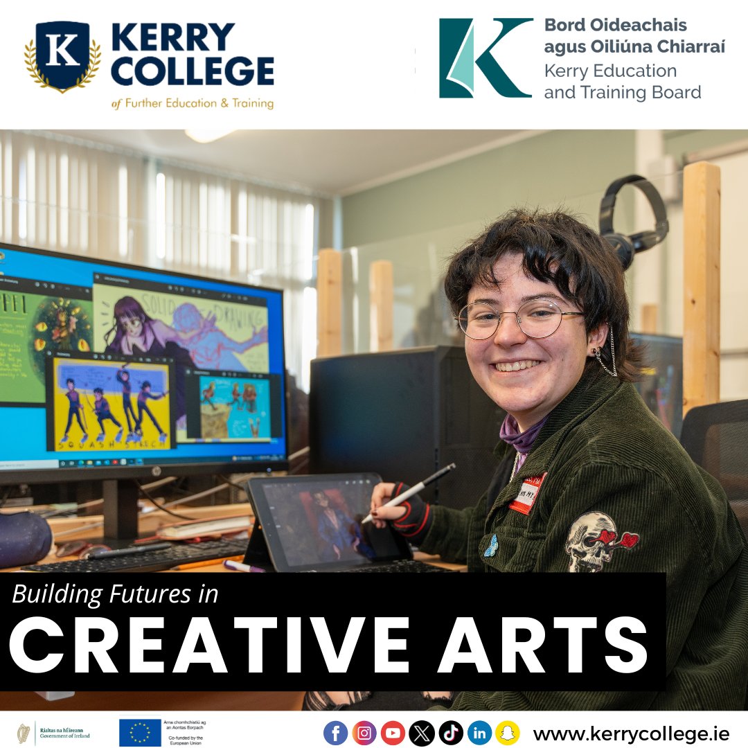 BEGIN YOUR CREATIVE JOURNEY🎨 ✨ NO Fees 📚 Learning Supports 🌟 Vibrant Community of Learners 🏢 State-of-the-art Facilities 🎓 Educators with Industry Expertise 🔍 Guidance Counselling FIND OUT MORE: kerrycollege.ie/course-fields-…