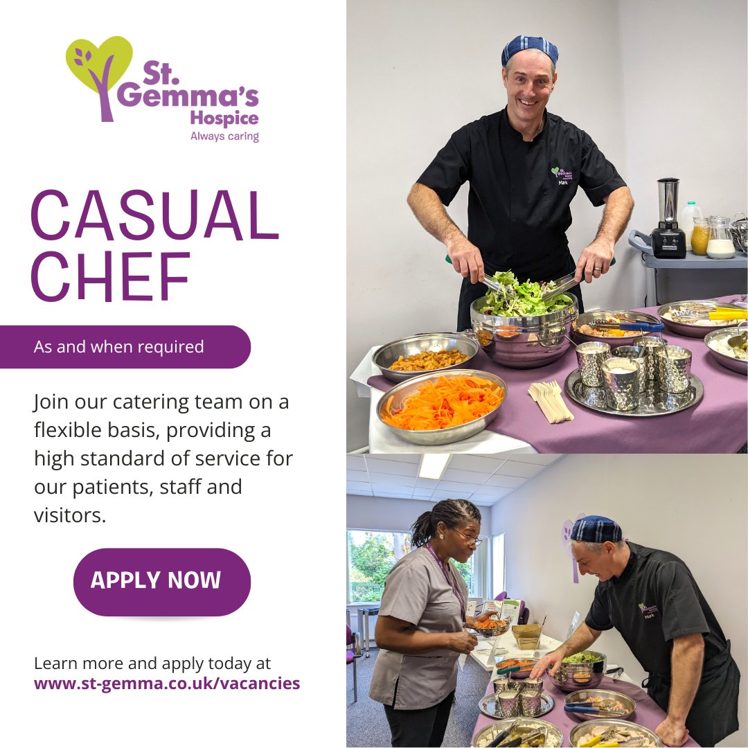 We're recruiting a casual chef to join our catering team on a flexible basis, providing a high standard of service for our patients, staff & visitors & making a difference in a much-loved local organisation 💜

Visit st-gemma.current-vacancies.com/Jobs/Advert/34…
#JobsLeeds #ChefJobs