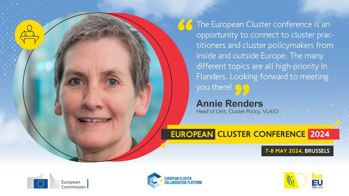 European Cluster Collaboration Platform (ECCP) (@clusters_eu) on Twitter photo 💼 Get ready to learn from <a href="/RendersAnnie/">Annie Renders</a> at #EUClusterConference 2024!
📈 Her experience in regional cluster development will enlighten attendees on how public authorities can leverage clusters to drive innovation & economic growth.
Learn more here 👉bit.ly/3QhNagH 💼 Get ready to learn from <a href="/RendersAnnie/">Annie Renders</a> at #EUClusterConference 2024!
📈 Her experience in regional cluster development will enlighten attendees on how public authorities can leverage clusters to drive innovation & economic growth.
Learn more here 👉bit.ly/3QhNagH