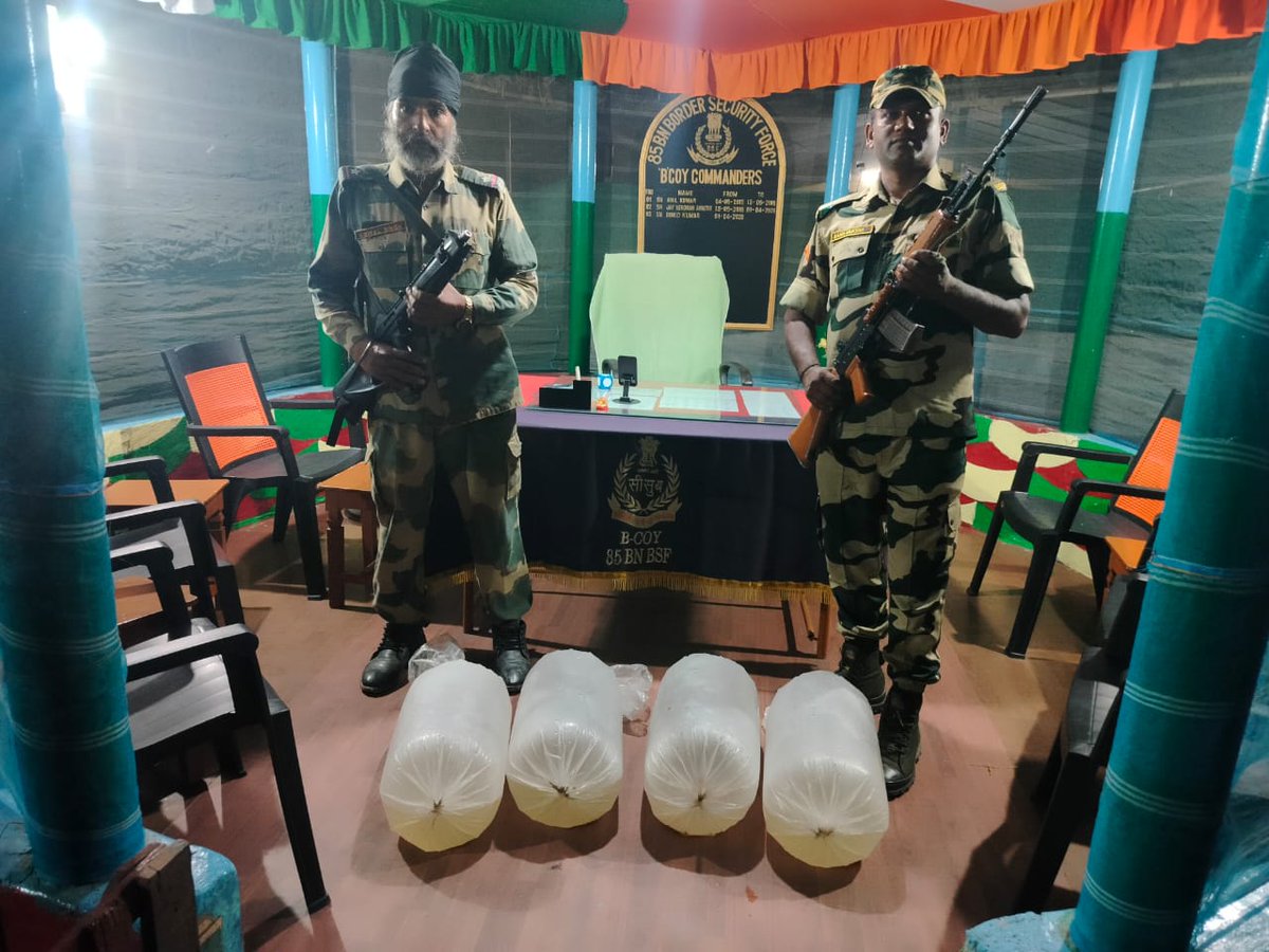 01.05.2024 In different incidents,#AlertBSF Troops  @BSF_SOUTHBENGAL foiled smuggling attempts at International border of West Bengal and seized 723 bottle Phensedyl,22 FishPin Polybags(worth ₹ 6.6Lakh),170 gm Heroine,being smuggled from India to Bangladesh. #FirstLineofDefence