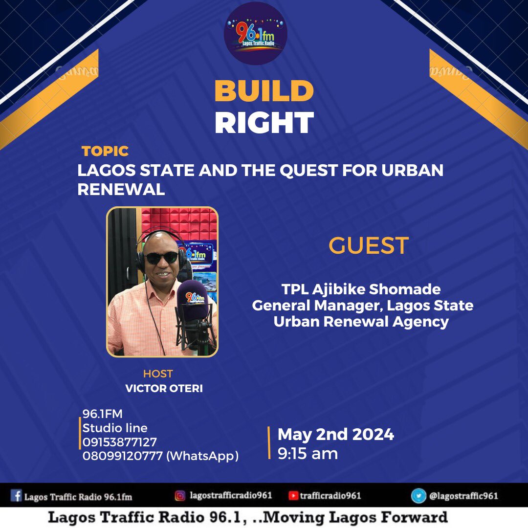 Stay tuned as we focus the discussion on “Lagos State and the Quest for Urban Renewal” with @Oterivictor on #buildright