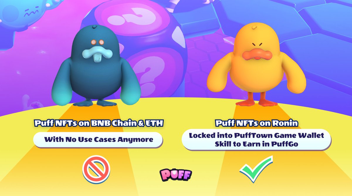 #Puff #NFTs on different chains 🧐 @Ronin_Network after May 7 🎮 Play all games in #Puffverse 😤 #NFT holder privileges #BNBChain & #Ethereum 📼 Out of operation soon 🎁 Get migration rewards via NFT burn starting from May 13 💡 No snapshot or migration on #ETH