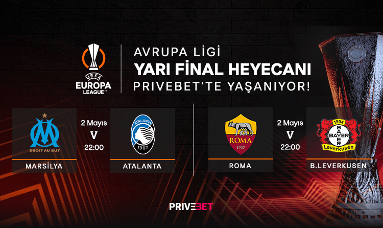 🏆 Avrupa Ligi Yarı Final Heyecanı Privebet'te Yaşanıyor! ⚽️| Roma-B. Leverkusen 📍| Stadio Olimpico ⏰| 22:00 ⚽️| Marsilya-Atalanta 📍| Orange Velodrome ⏰| 22:00 📺 Tüm Maçlar HD Yayınla #Privebet TV'de! 👉 bit.ly/3Incu0Y