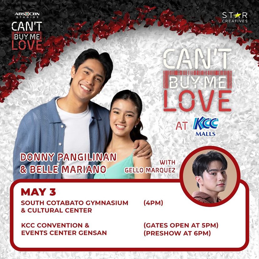 Don't forget, Kapamilya! Bukas na! ❤️💚💙 Makakasama natin sila Donny, Belle, at Gello sa South Cotabato Gymnasium and Cultural Center at 4PM! KCC Convention and Events Center GenSan at 5PM! Kitakits! 🥰 #CantBuyMeLove #DonBelle