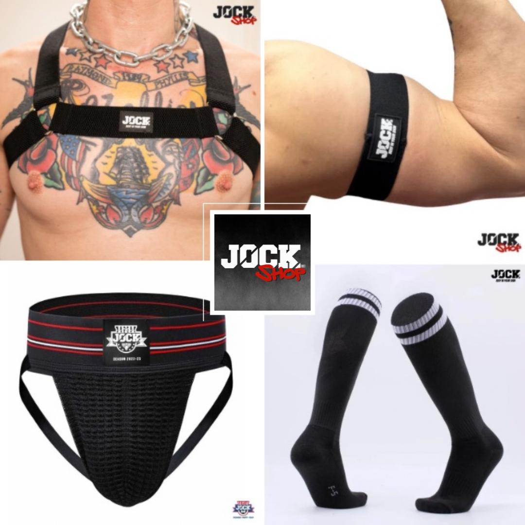 BLACK JOCK BUNDLE. HUGE JOCK Party UK OFFER! Harness and jockstrap bundle of our classic jockstrap and Delux harness with 2x bicep bands and black sports socks presented in a JOCK branded gym bag 69.99 jockparty.shop/product/harnes…