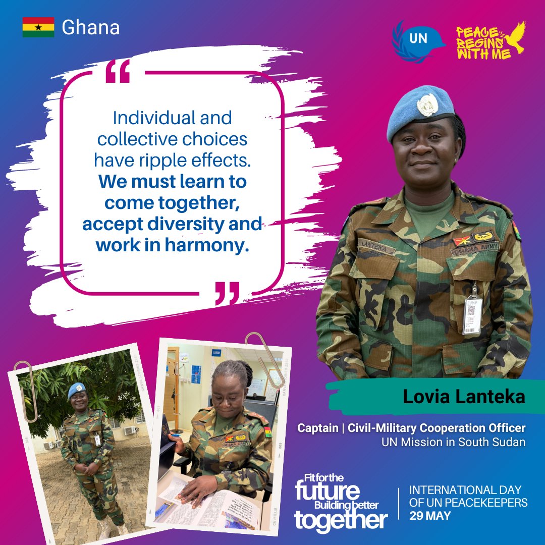 Meet Captain Lovia Lanteka 🇬🇭 who works as a Civil-Military Cooperation Officer with @unmissmedia.

By assessing & engaging with vulnerable communities, she provides help through Quick Impact Projects such as medical initiatives, capacity building + more. #PKDay @ghanamissionun