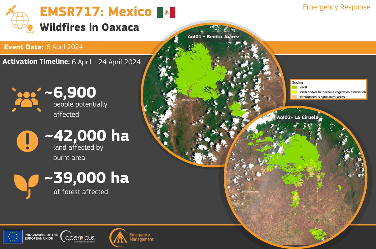 #EMSR717

Our #MappingTeam delivered 24 products to support the emergency response efforts for the #wildfires 🔥 in Oaxaca, #Mexico 🇲🇽

➡️Over 42,000 hectares of burnt area were detected

Read about our activities at👇
rapidmapping.emergency.copernicus.eu/EMSR717/report…