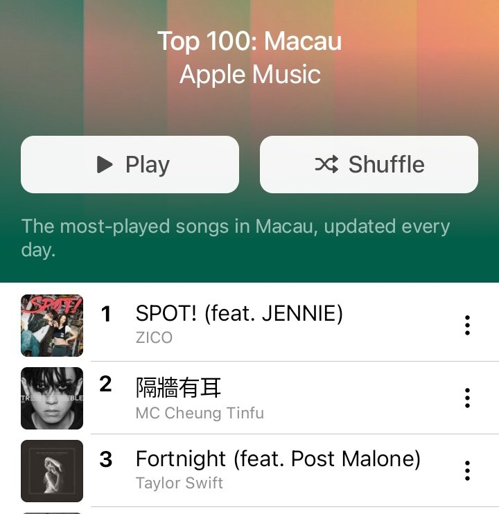 'Spot!' ft. Jennie has spent 4 days on #1 Apple Music Daily South Korea and Macau

#JENNIE #SPOT @oddatelier