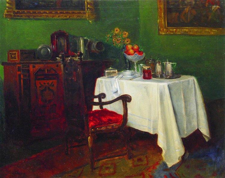Konstantin Makovsky 'Still life in the interior', 1900, oil on canvas, still life, interior, realism.