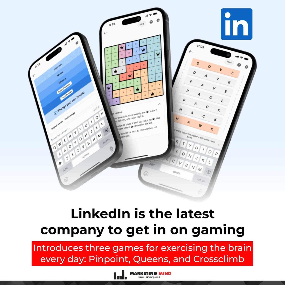 LinkedIn is now in the gaming business. Starting today, users on the LinkedIn mobile app or on desktop can play one of three different games — Pinpoint, Queens, and Crossclimb. #MarketingMind #LinkedIn #WhatsBuzzing