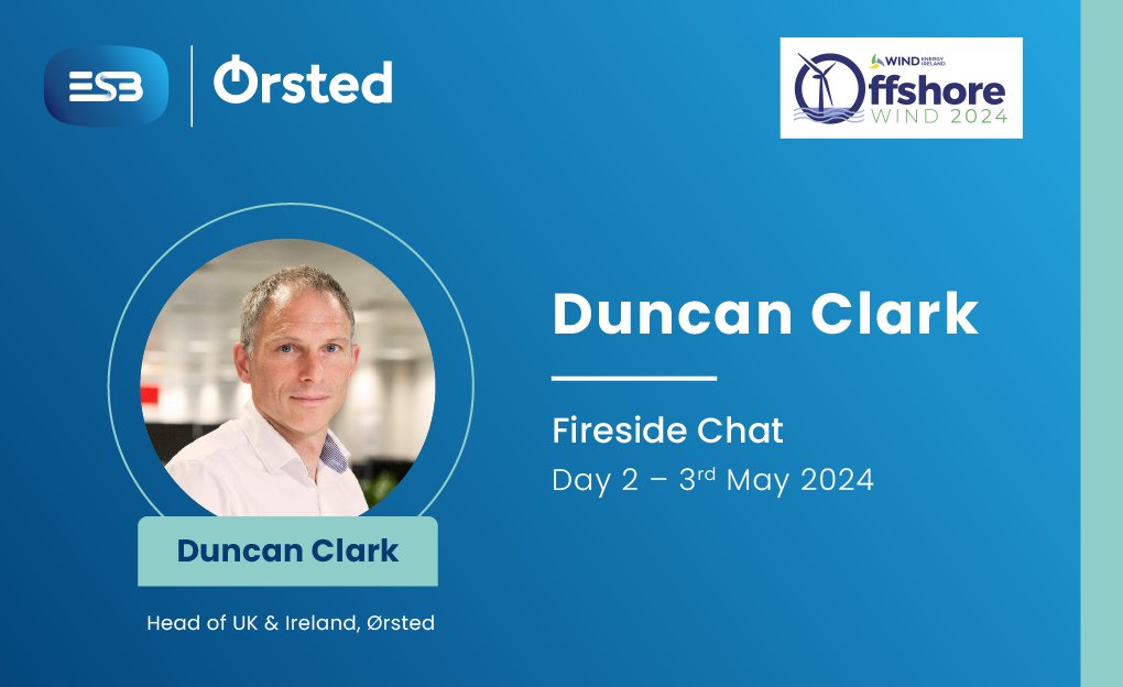 We're proud to co-sponsor the @WindEnergyIRL conference with @ESBGroup today and tomorrow in #Dublin and would welcome attendees to come along and listen to Duncan Clark's fireside chat with @LorcanAllen at 13:15 tomorrow #WEIoffshore 🌎