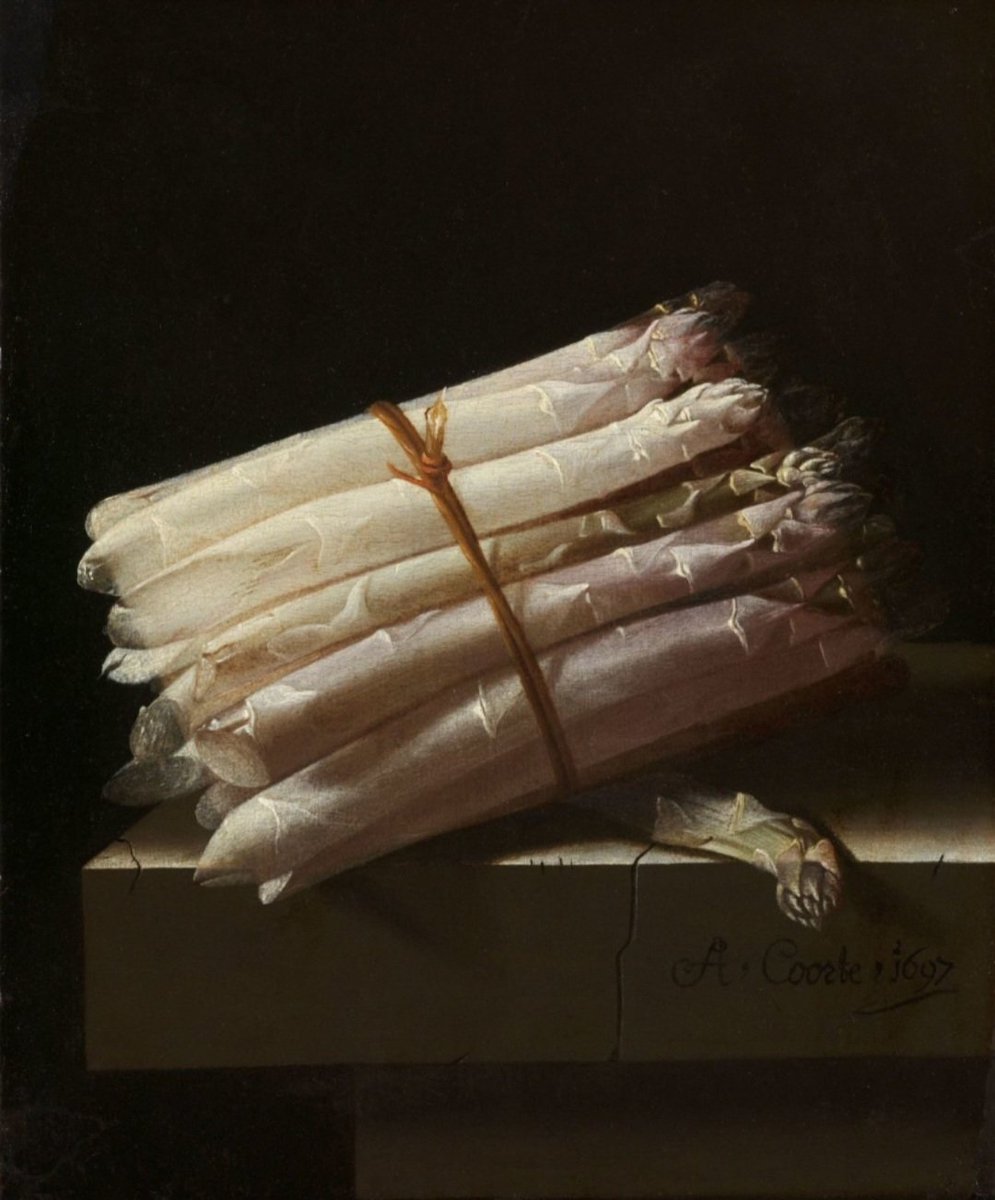 'Still life of asparagus.' (1697) Adriaen Coorte's deceptively simple still lifes depicting fruit, nuts, vegetables and shells, set against a plain dark background, are enormously appealing to the modern eye - his work fell into obscurity in the 18thC and 19thC and a reappraisal…