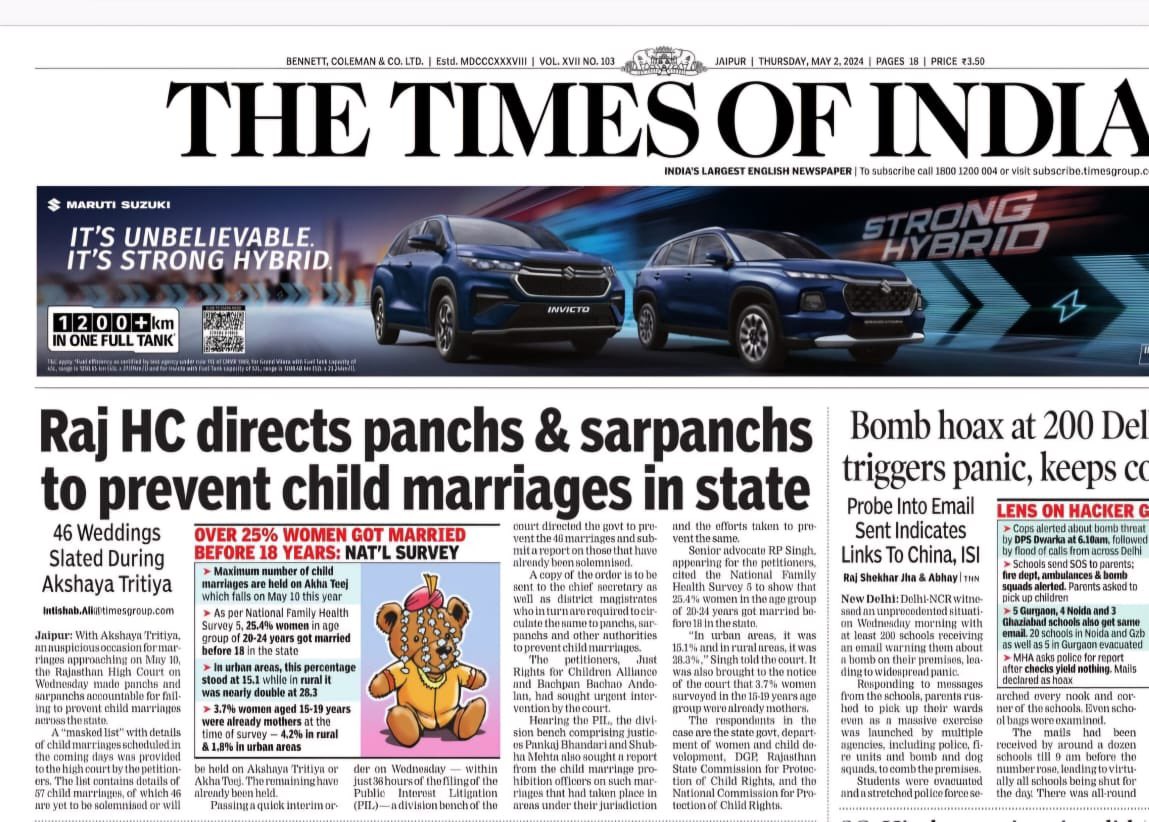 A new chapter of remarkable success has been added in making India free from child marriage. Thanks to the Honorable High Court of Rajasthan. Bravo @BBAIndia, Just Rights Alliance, and @Bhuwan_Ribhu. Proud of you all. #ChildMarriageFreeIndia #JusticeForAll #EndChildMarriage