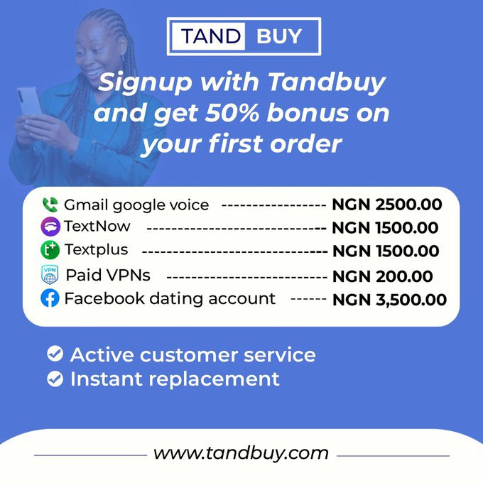 Buy any products from tandbuy.com and get a Free Facebook datíng. Gmail Google Voice is N3,000.00, TextNow is N2,000, TextPlus is N2,000.00, Paíd VPNs are N900, and Facebook Datíng is N6,000.00

Cc: @tandbuy