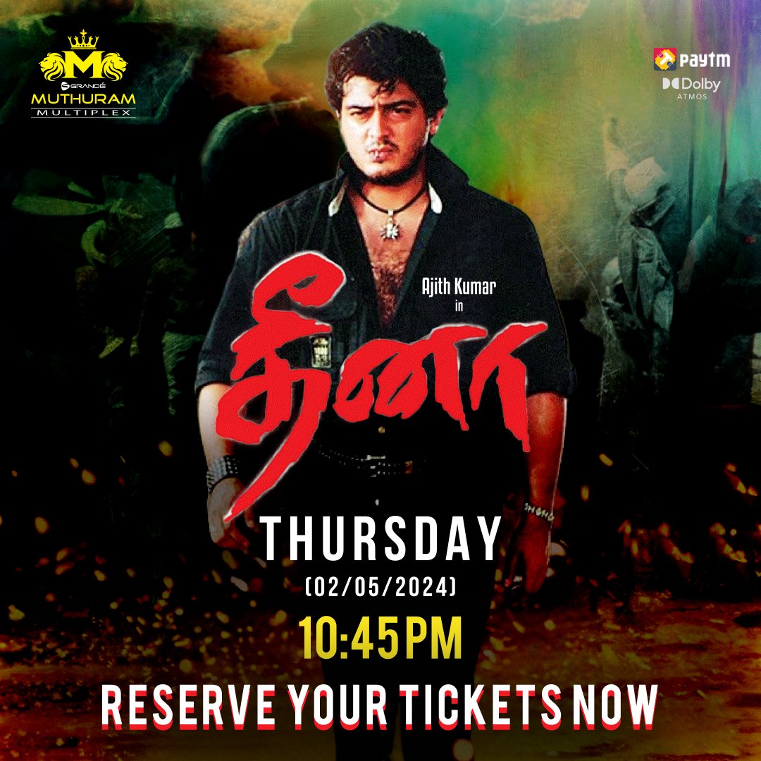 Watch Ajith Kumar's Dheena at your #GrandeMuthuramMultiplex! 🎉 Reserve your seats now - Link in bio! 🎟 #DheenaReRelease #AjithBirthdaySpecial #ActorAjith #AK #ThalaAjith #HBDAjith #AjithFans #GrandeMuthuramMultiplex #Nellai #Tirunelveli