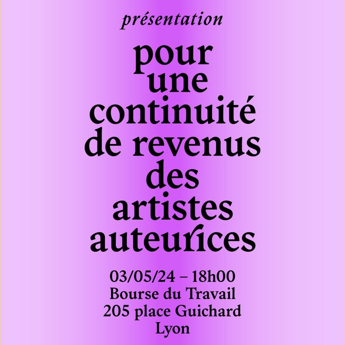 Demain soir 3 mai à Lyon, 18 h, bourse du travail, salle moissonnier, on vous attend pour une présentation de notre travail sur la continuité de revenus pour les artistes-auteurices, en présence d'Aurélien Catin (La Buse) Laure Abouaf (@SNAPCGT ) et Marie Causse (STAA CNT-SO)