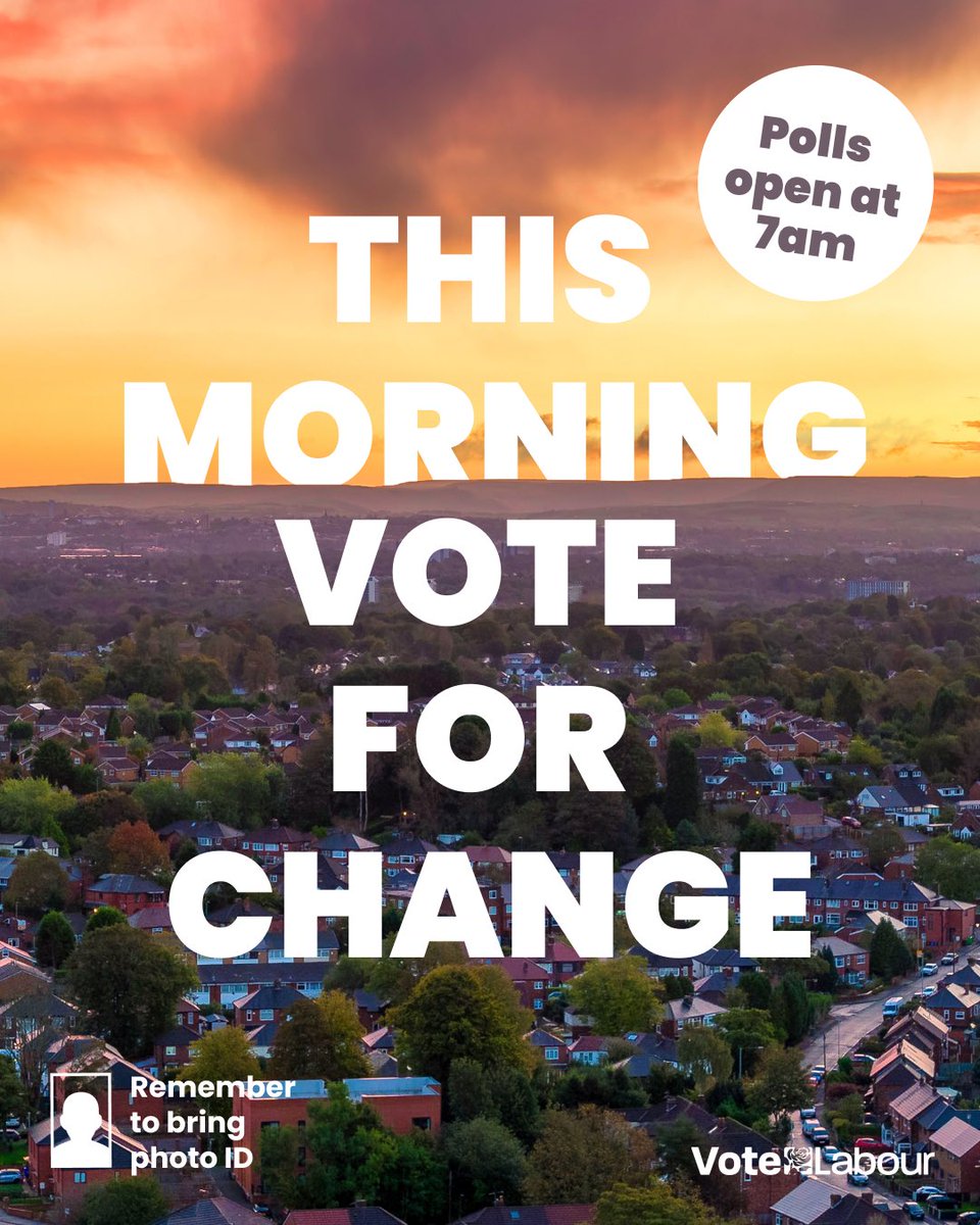 This morning you can vote for change with @UKLabour - and send a message to Rishi Sunak that you are fed up of the chaos and stagnation that the Conservatives have delivered. Vote Labour today. 🌹 Remember your photo ID 🪪