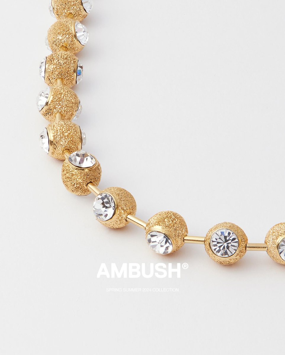 The #AMBUSH COUTURE BALL CHAIN is the latest in our signature ball chain series, with textured beads embedded with a sparkling stone. This style, available in gold and silver bracelet and necklaces in two lengths, is exclusive to in-store at our WORKSHOP. ambushdesign.com