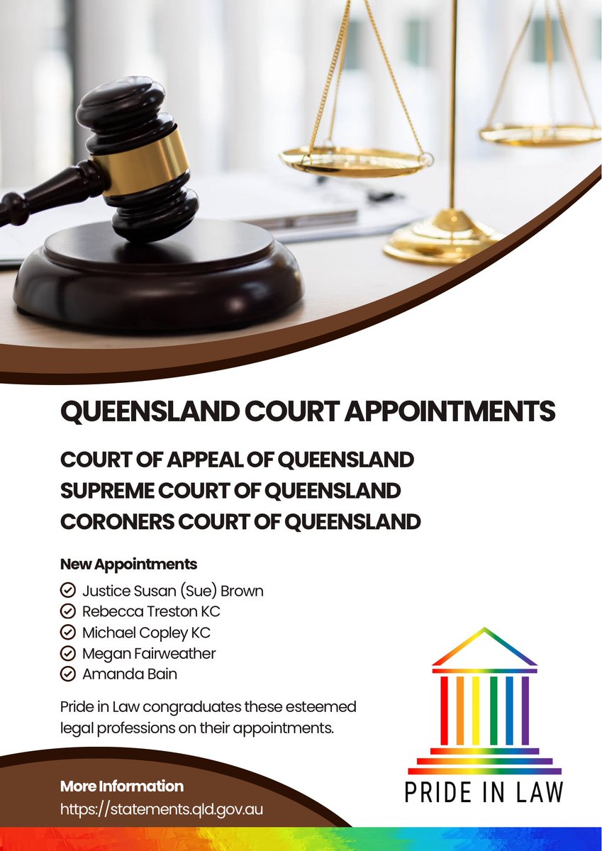 APPOINTMENTS - @prideinlaw congratulates: ⚖️ The Honourable Justice Susan Brown KC appointed to the Court of Appeal. ⚖️ Michael Copley KC and Rebecca Treston KC are new Supreme Court justices. ⚖️ Megan Fairweather and Amanda Bain announced as new coroners. #qldlaw