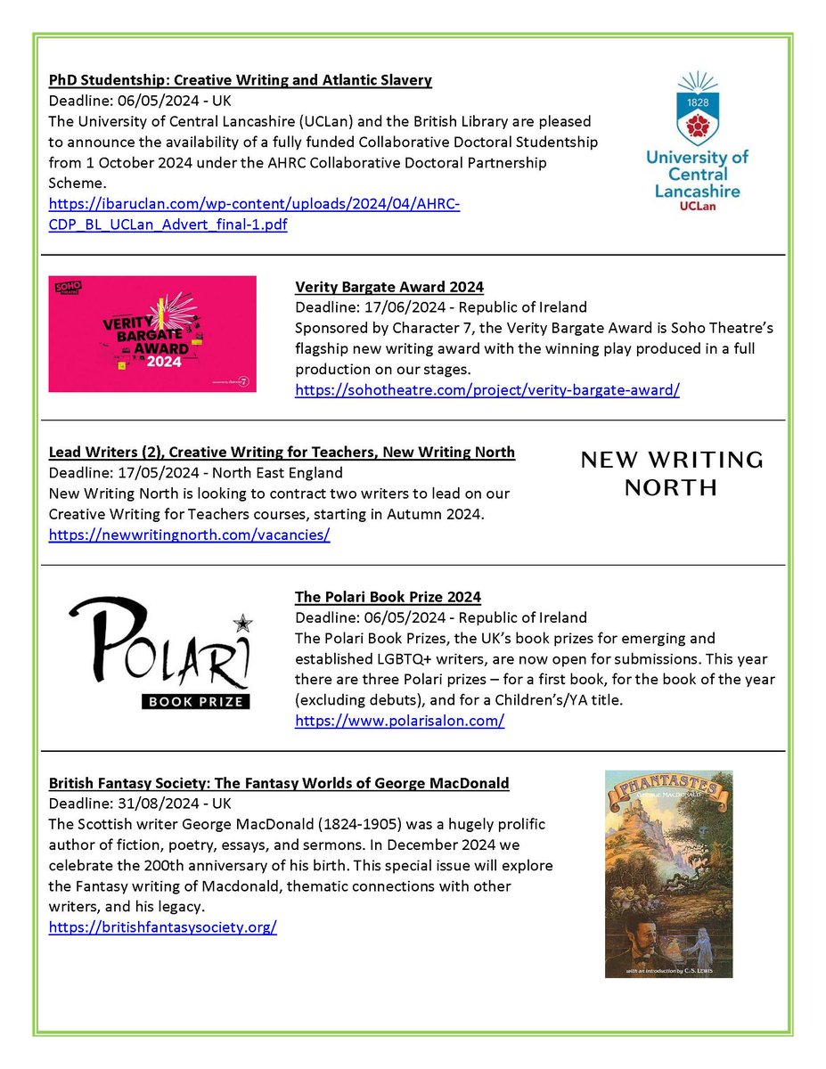 Competitions and opportunities this week from @UCLan @PolariPrize @sohotheatre @NewWritingNorth @BritFantasySoc 🤩 RX and follow me for regular updates ✍️💚