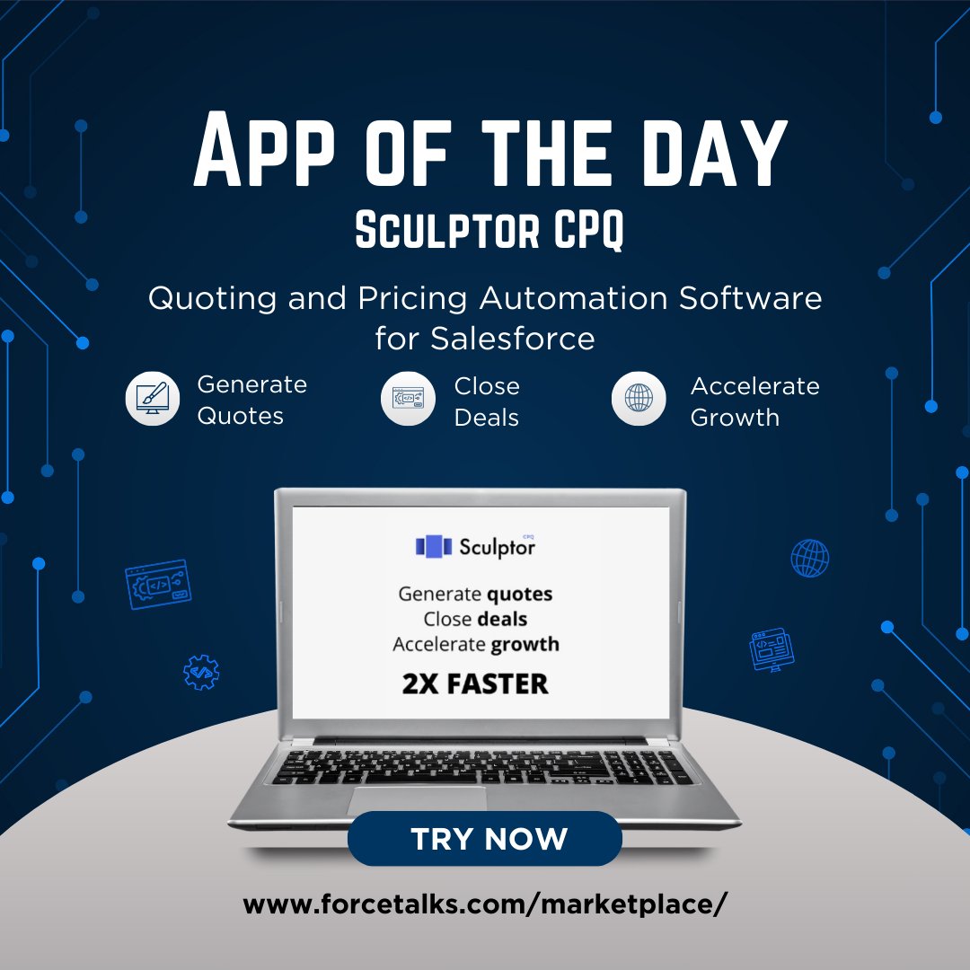 Forcetalks (@forcetalks) on Twitter photo Sculptor CPQ for Salesforce by <a href="/Twistellar/">Twistellar – Salesforce SUMMIT Partner</a> is our App of the Day. This Quoting and Pricing Automation Software provides second-to-none quote automation tools for sales reps.
Download now: forcetalks.com/marketplace/sc…
#Salesforce #CPQ #SalesoforceSolution #Automation Sculptor CPQ for Salesforce by <a href="/Twistellar/">Twistellar – Salesforce SUMMIT Partner</a> is our App of the Day. This Quoting and Pricing Automation Software provides second-to-none quote automation tools for sales reps.
Download now: forcetalks.com/marketplace/sc…
#Salesforce #CPQ #SalesoforceSolution #Automation