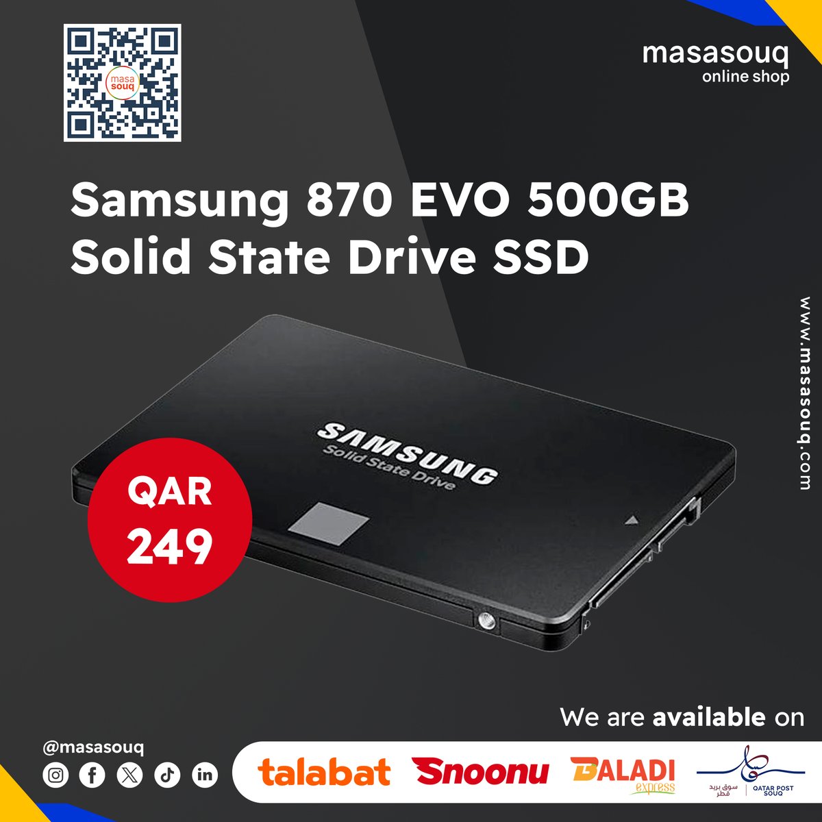 💻 Secure your data and boost your workflow with the reliable Samsung 870 EVO 500GB SSD. Get yours for QAR249: masasouq.com/samsung-870-ev… #SamsungSSD #SSD #DataStorage #Reliability #TechUpgrade #masasouq