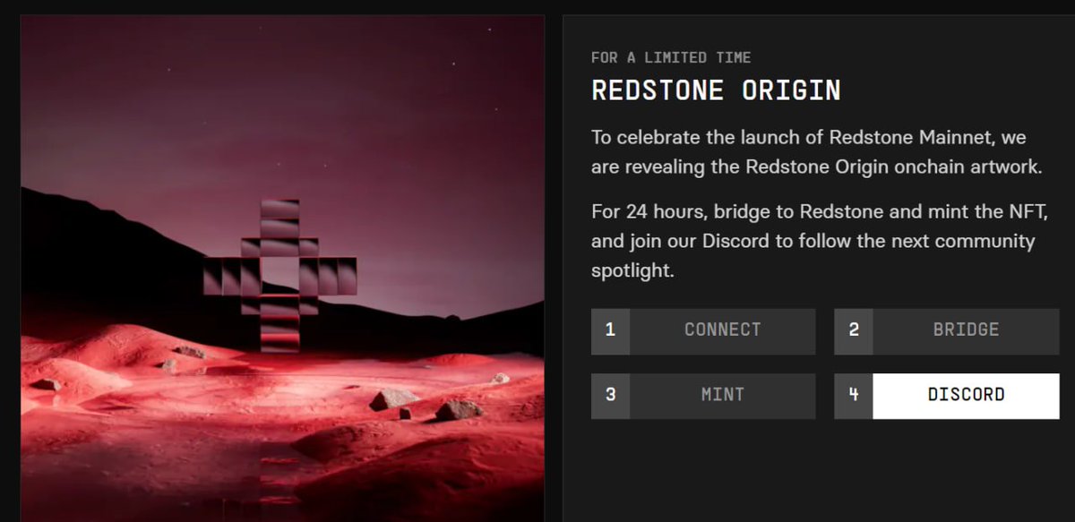 🔴 Optimism'in paylaşmış olduğu @RedstoneXYZ'da NFT mintledik. SON 2 SAAT KALDI!  🔴

İlk olarak community.redstone.xyz sitesine giderek metamask cüzdanımızı bağladık daha sonrasında ETH ağında Redstone ağına $25 değerinde ETH bridge yaptık ve "Redstone Genesis Artwork" adında
