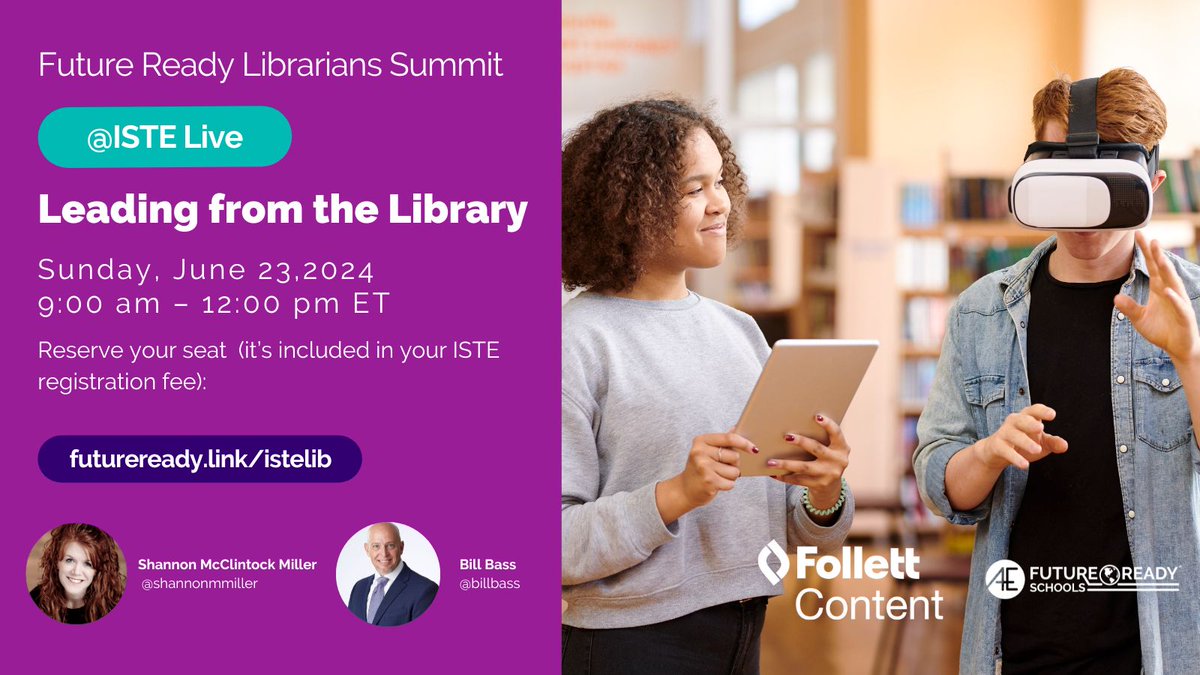 When you arrive at @ISTEofficial this June, be sure to seek out @shannonmmiller and @billbass for an engaging session that delves into the @FutureReady Librarian framework! More Info here: bit.ly/3UiIEzB

#FutureReadyLibs are supported by our friends at @follettcontent!