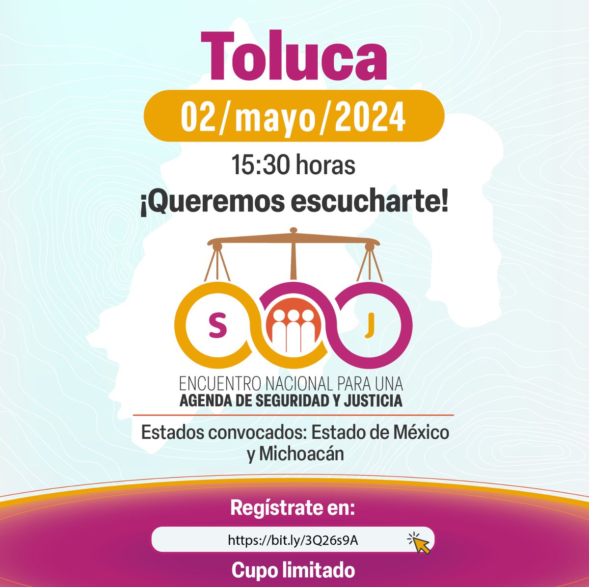📢 Hoy 🕘 16 h

🟡🟠🔴 Sigue #EnVivo la inauguración de la 6ª sesión del #EncuentroNacionalSeguridadyJusticia que se llevará a cabo en 📍 Toluca

✅ Estados convocados  #Edomex #Michoacán

🔴 Conéctate aquí bit.ly/4biX1ei

#PJF_Escucha