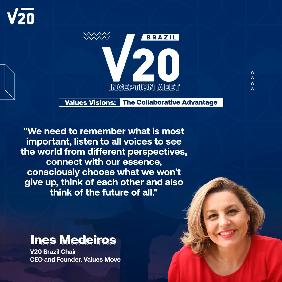 Ines Medeiros, V20 Brazil Chair and CEO & Founder of Values Move, offers a refreshing take on building an egalitarian and sustainable future.

#V20InceptionMeeting #ValuesVisionsTheCollaborativeAdvantage #G20Brazil #GlobalLeadership