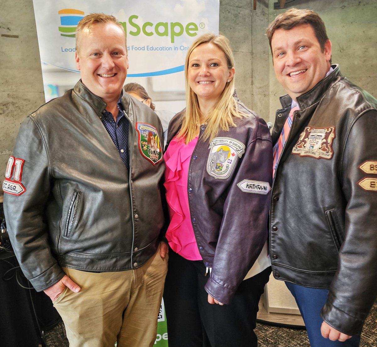 OAC Alumni Clair Doan, Katheryn Doan and Phil Emmott proudly donned their OAC jackets to show their Aggie pride @AgScapeON AGM May 1st to mark the 150 anniversary of U of G Ontario Agricultural College. #OAC150 #AgScapeAGM24 📸: Sharon Grose