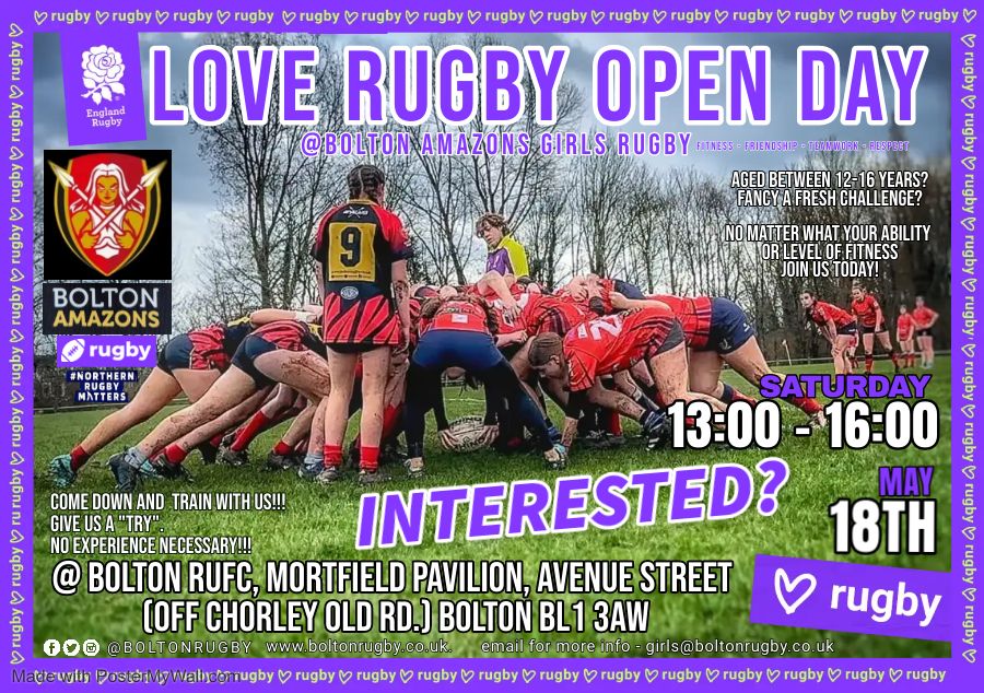 GIRLS RUGBY OPEN DAY
Bolton Amazons are having an open day on Saturday 18 May 1pm-4pm. We'll be having some fun training sessions, come and give it a try and see what #girlsrugby is all about!
Register here form.jotform.com/240993005042348
or email girls@boltonrugby.co.uk for more info.