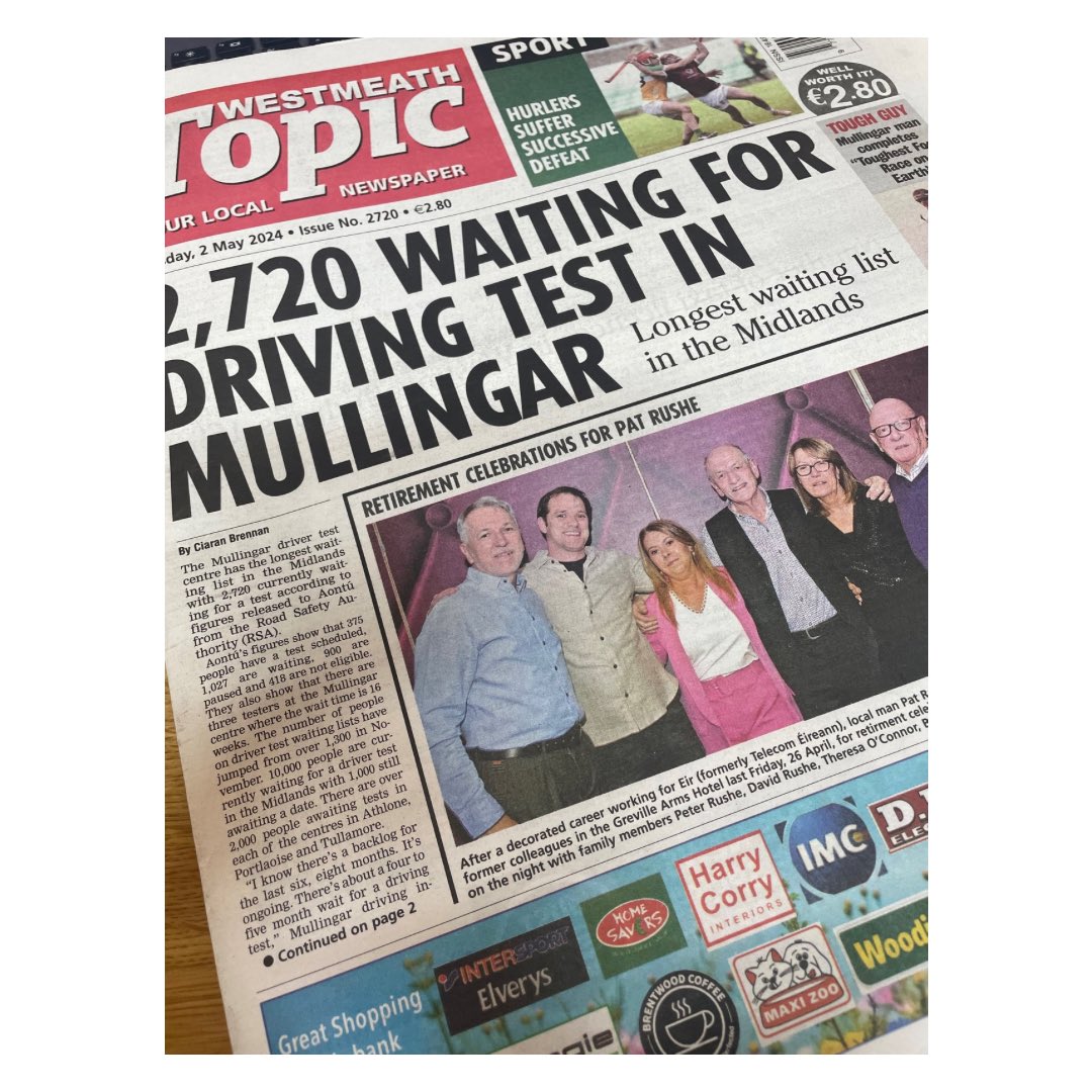 📰 @AontuIE stats on page 1 & my own contribution on page 2 of the @westmeathtopic this week, thanks so much for the feature!

🚘 It is a twofold issue - the backlog of driving tests wouldn’t be so rough if we had decent public transport in rural Ire.

#getoneillbehindthewheel