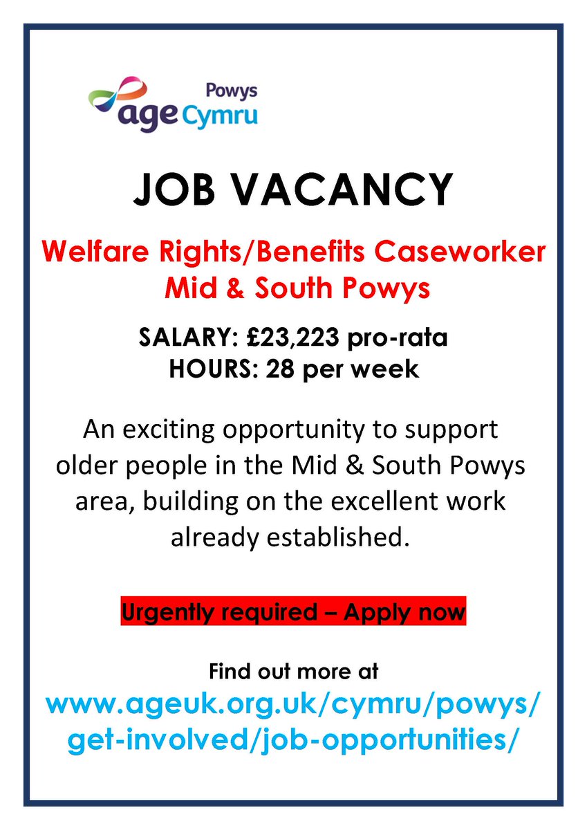 Do you have experience working in Welfare Rights / Benefits?
Come and join our great team with great benefits!

We are hiring in Mid & South Powys.

Urgently required - send in your CV and covering letter to enquiries@acpowys.org.uk or apply on Indeed.

#powys 
#PowysJobs 
#wales