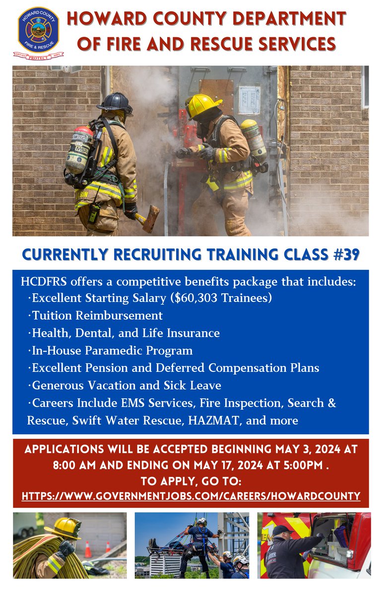 Want to become a #firefighter or know someone who does #HoCoMd? @HCDFRS will begin accepting applications for its Trainee Class 39 tomorrow, 5/8, 8 am til 5 pm, 5/17. During this time, the job application will be available on @HoCoGov Careers website at governmentjobs.com/careers/howard….