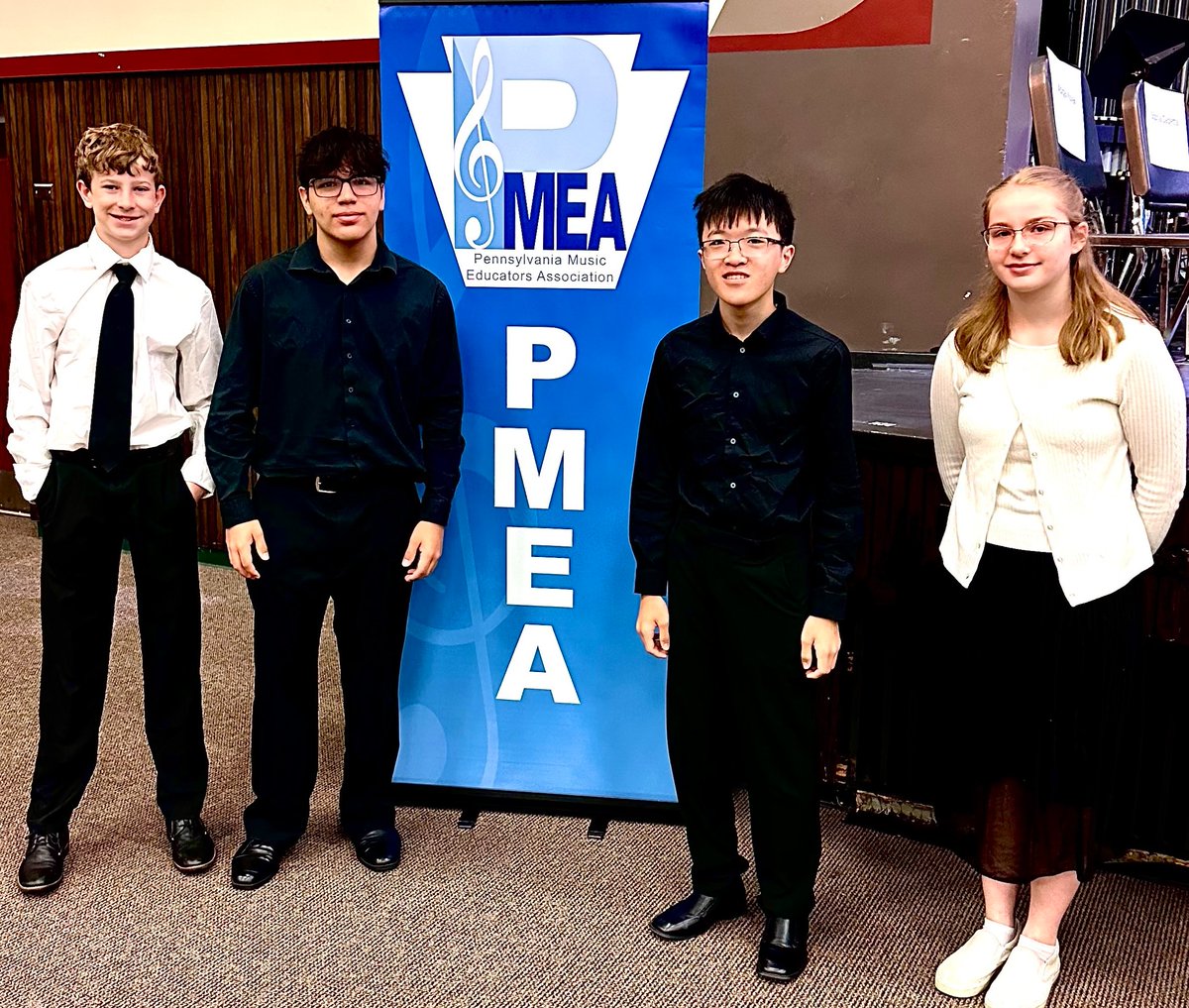 Congrats to the Pleasant Hills Middle School and #TJ students who participated in the @PMEAstate Junior High District Orchestra Festival! From left: Alex Lauver, Miguel Renda, Felix Zheng and Gabriella Deleel. Great job, #Jaguars! #WJHSD #WErTJ @phmsjaguars