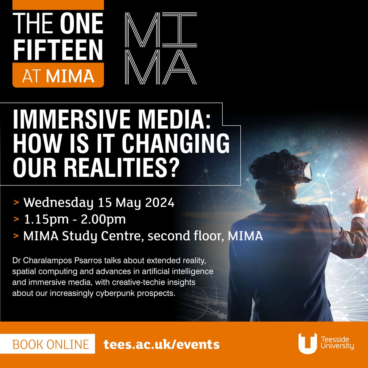 Come along to the One Fifteen at MIMA on 15th May to hear Dr Charalampos Psarros exploring how immersive media is changing our realities. Places limited - for group bookings please contact A.Reid@tees.ac.uk 
Event booking link in bio #cyberpunk #AI #immersivemedia @mimauseful