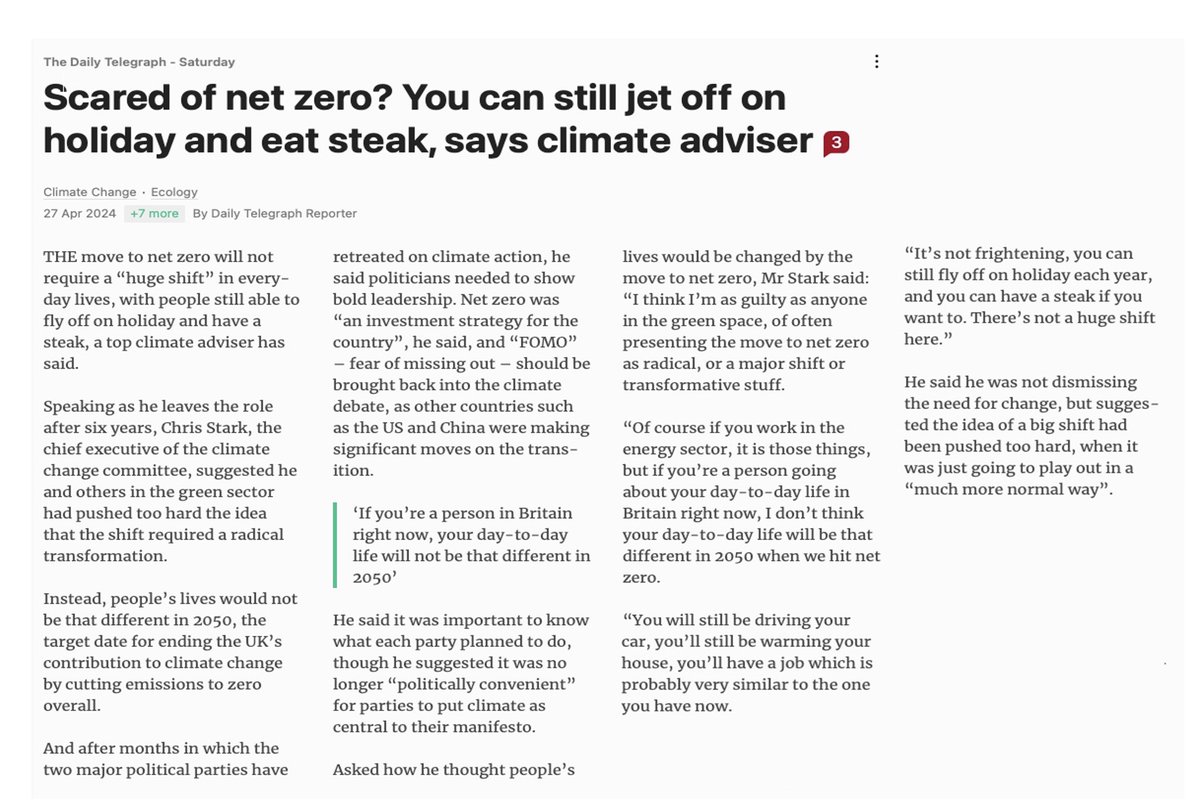 @StarkClimate The attached is surely a dangerously inaccurate report of your views? The CCC claim “UK net-zero 2050” is our fair role in a 50% chance ≤ 1.5°C (remaining global carbon budget of ~200-330GtCO2, or 5-8yrs of current emissions), ie. profound change not more tweaks?